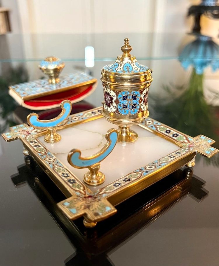 Inkwell, Pen Holder and Blotting Pad - Bronze with Cloisonné Enamels - Onyx Stone