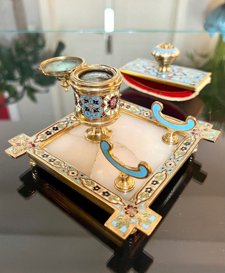 Inkwell, Pen Holder and Blotting Pad - Bronze with Cloisonné Enamels - Onyx Stone