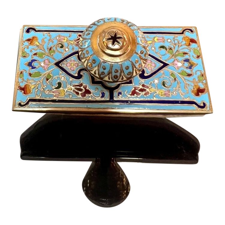 Inkwell, Pen Holder and Blotting Pad - Bronze with Cloisonné Enamels - Onyx Stone