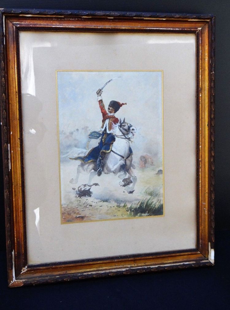 Tableau aquarelle hussard de la guerre 1870 par Charles Gare à identifier 1908