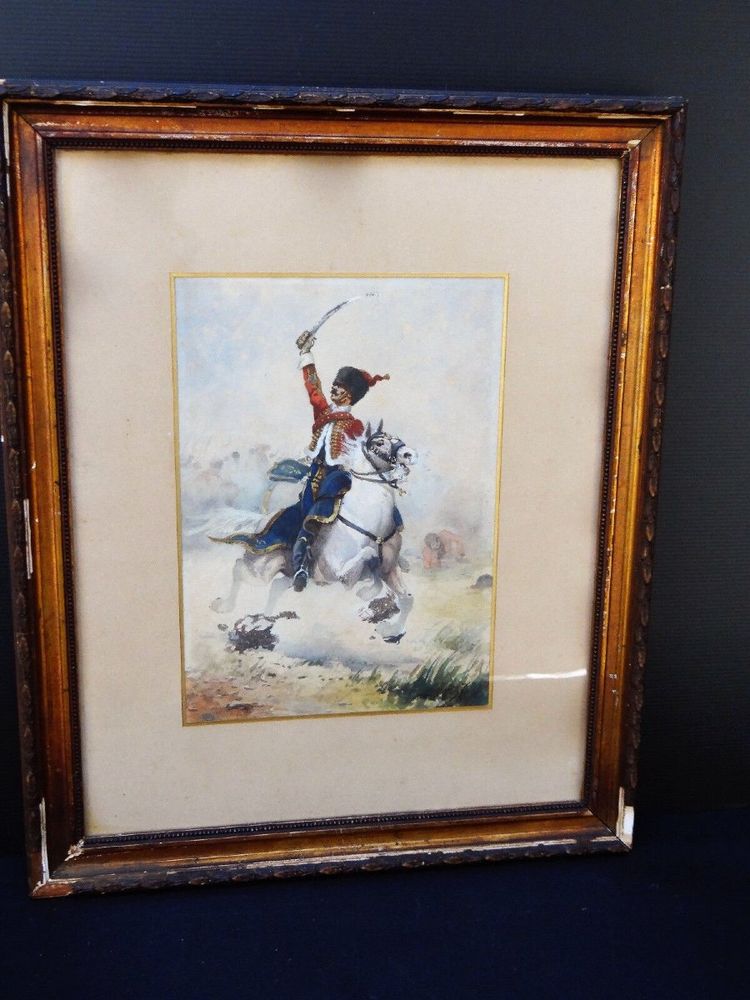 Tableau aquarelle hussard de la guerre 1870 par Charles Gare à identifier 1908