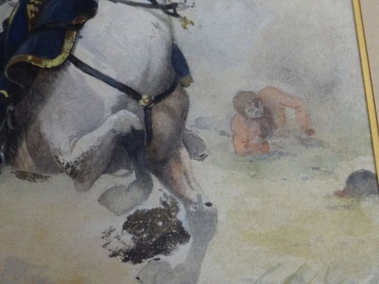 Tableau aquarelle hussard de la guerre 1870 par Charles Gare à identifier 1908