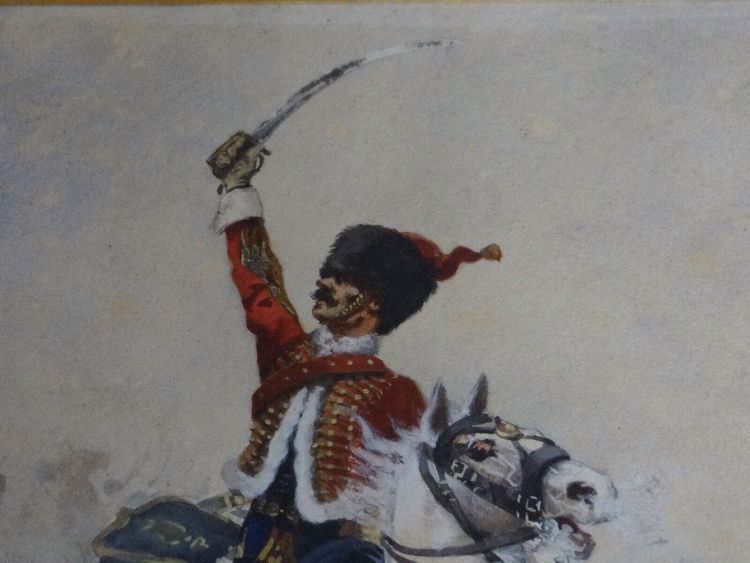 Tableau aquarelle hussard de la guerre 1870 par Charles Gare à identifier 1908