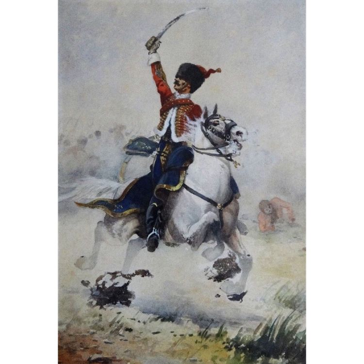 Tableau aquarelle hussard de la guerre 1870 par Charles Gare à identifier 1908