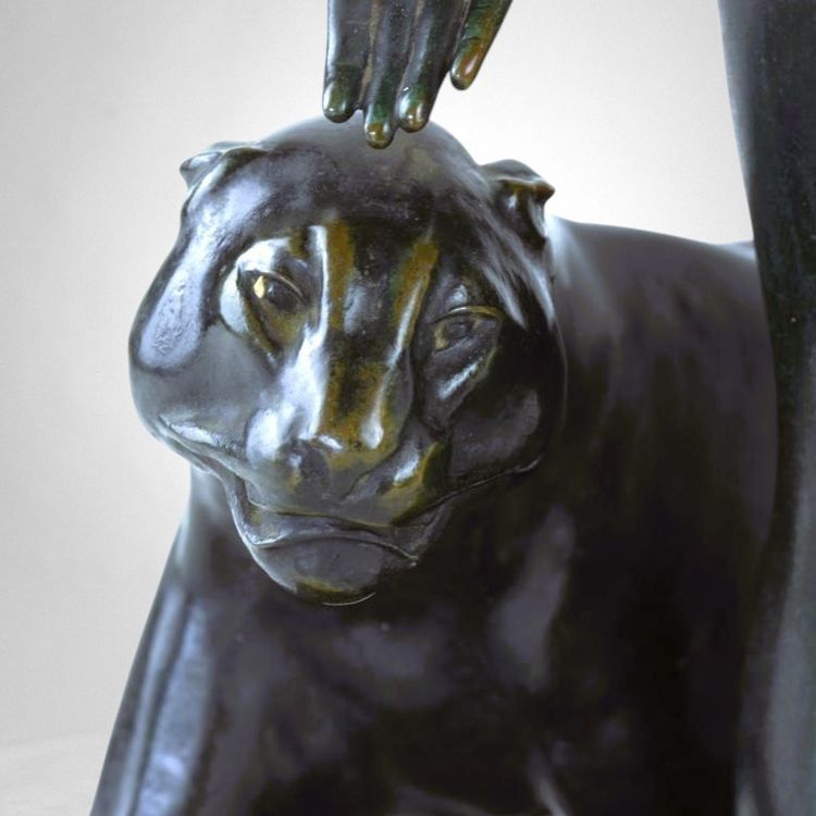 Donna e pantera - Bronzo di Albert Poncin (1877-1954), influenza Art Déco