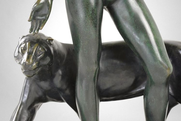 Donna e pantera - Bronzo di Albert Poncin (1877-1954), influenza Art Déco