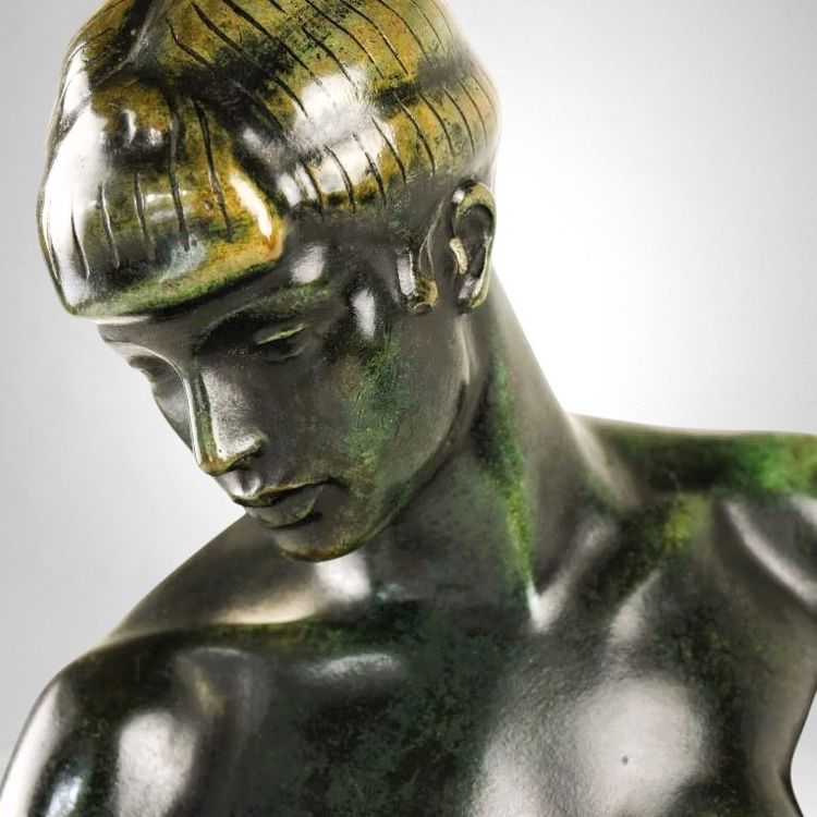 Donna e pantera - Bronzo di Albert Poncin (1877-1954), influenza Art Déco