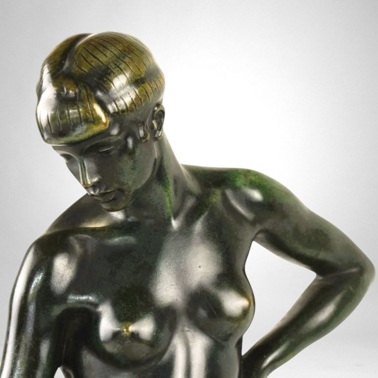 Donna e pantera - Bronzo di Albert Poncin (1877-1954), influenza Art Déco