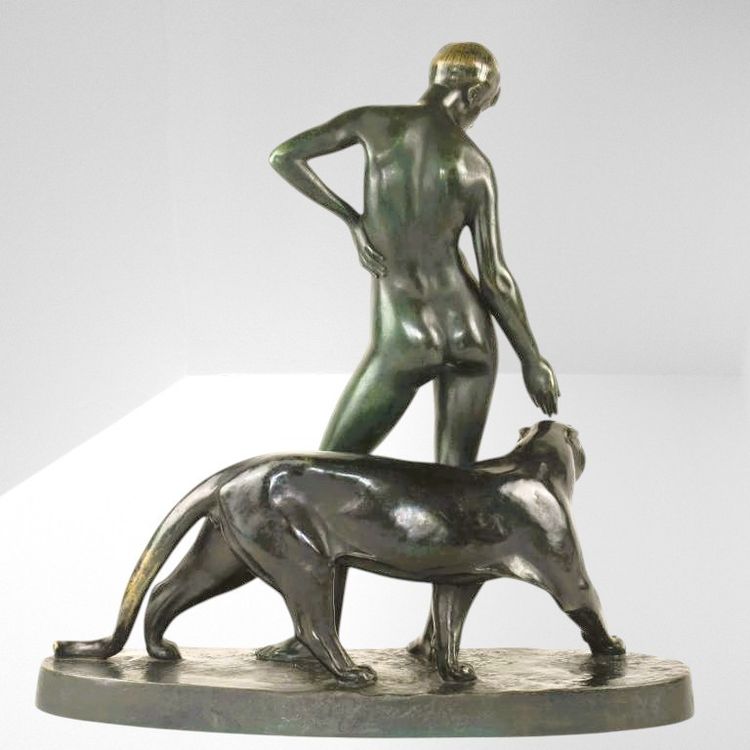 Donna e pantera - Bronzo di Albert Poncin (1877-1954), influenza Art Déco