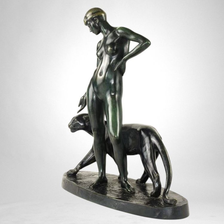 Donna e pantera - Bronzo di Albert Poncin (1877-1954), influenza Art Déco