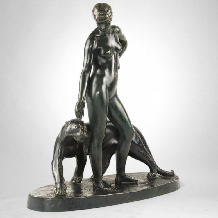 Donna e pantera - Bronzo di Albert Poncin (1877-1954), influenza Art Déco