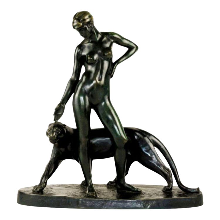 Donna e pantera - Bronzo di Albert Poncin (1877-1954), influenza Art Déco
