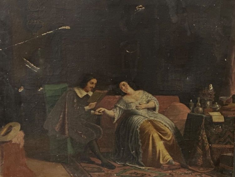 Olio su tela scena d'interno XVII secolo XIX secolo coppia di cortigiani