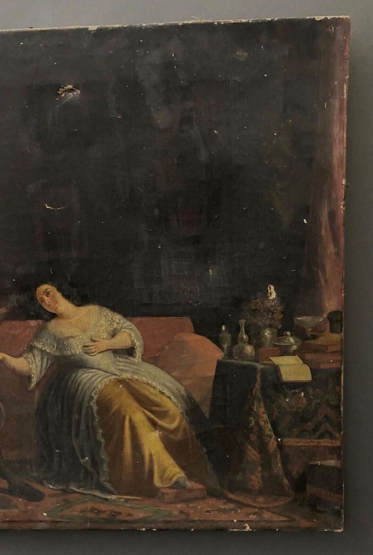 Olio su tela scena d'interno XVII secolo XIX secolo coppia di cortigiani