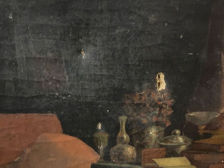 Olio su tela scena d'interno XVII secolo XIX secolo coppia di cortigiani