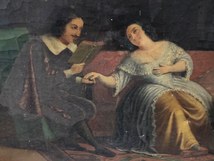 Olio su tela scena d'interno XVII secolo XIX secolo coppia di cortigiani