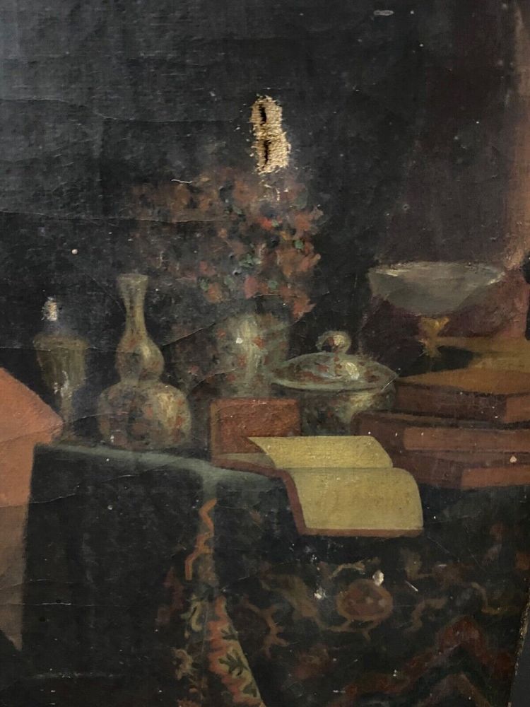 Olio su tela scena d'interno XVII secolo XIX secolo coppia di cortigiani