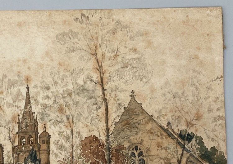 Acquerello su carta di Paul Wallon chiesa cimitero Ploujean 2 maggio 87