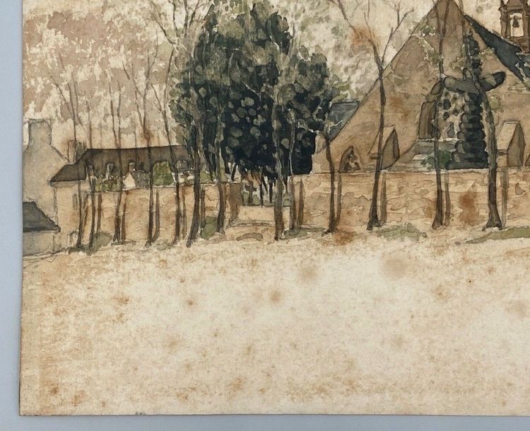 Acquerello su carta di Paul Wallon chiesa cimitero Ploujean 2 maggio 87
