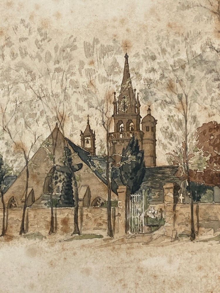 Acquerello su carta di Paul Wallon chiesa cimitero Ploujean 2 maggio 87