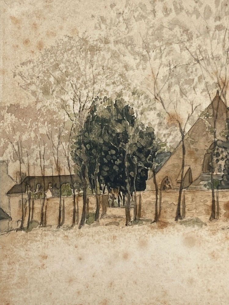 Acquerello su carta di Paul Wallon chiesa cimitero Ploujean 2 maggio 87