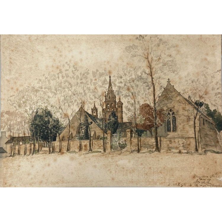 Acquerello su carta di Paul Wallon chiesa cimitero Ploujean 2 maggio 87
