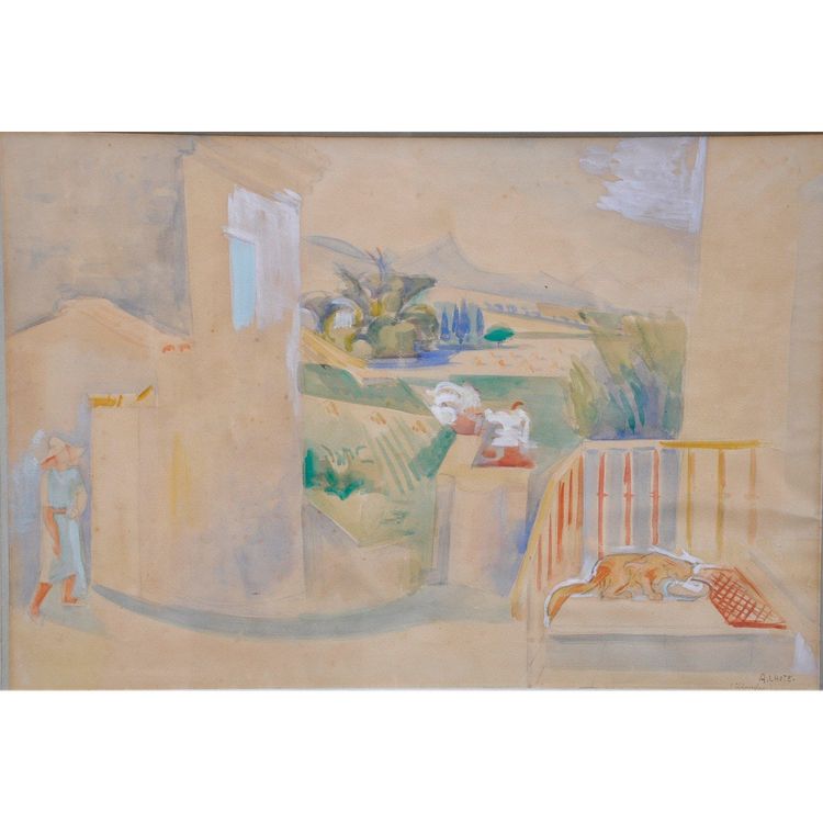André Lhote Acquarello Circa 1930 Paesaggio del villaggio di Cliousclat