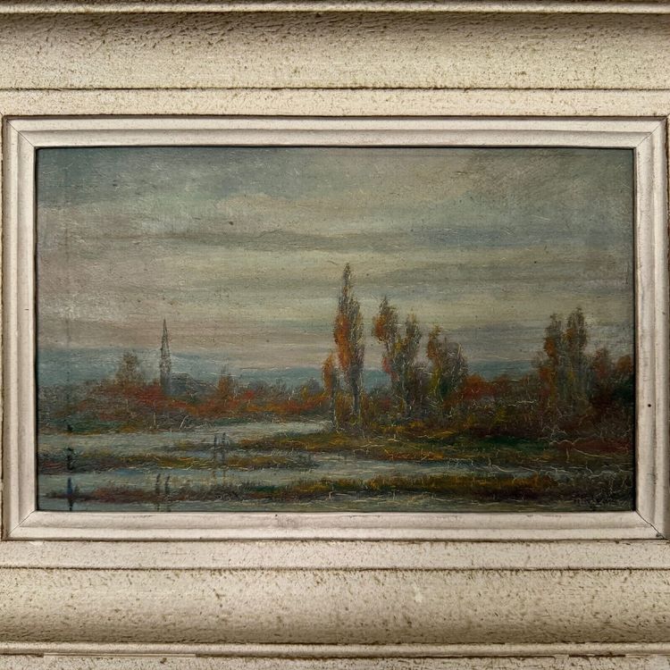 Olio su tavola di R. Holvoet paesaggio sulle rive della Vire 1967