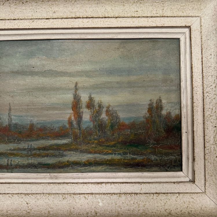 Olio su tavola di R. Holvoet paesaggio sulle rive della Vire 1967
