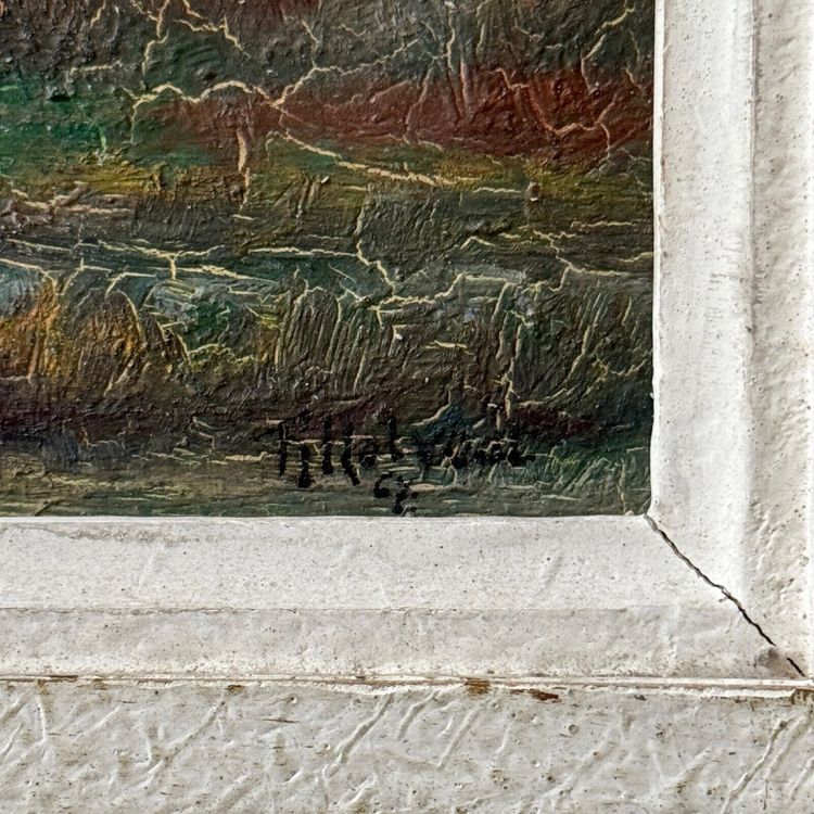 Olio su tavola di R. Holvoet paesaggio sulle rive della Vire 1967
