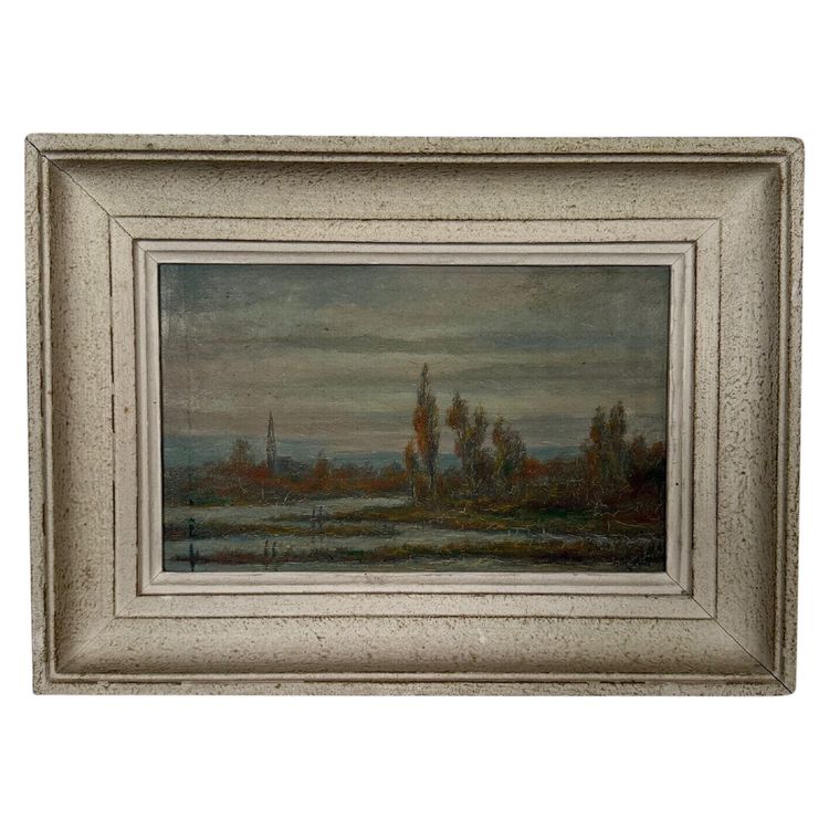 Olio su tavola di R. Holvoet paesaggio sulle rive della Vire 1967