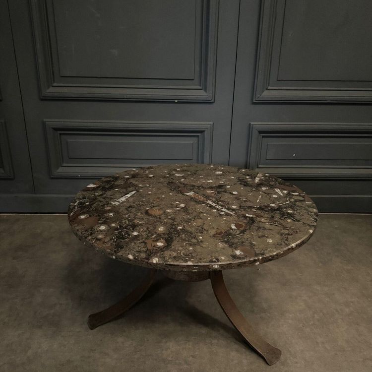 Coffee table with fossilized stone top and Brutalist legs 1970