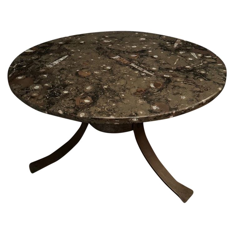 Coffee table with fossilized stone top and Brutalist legs 1970