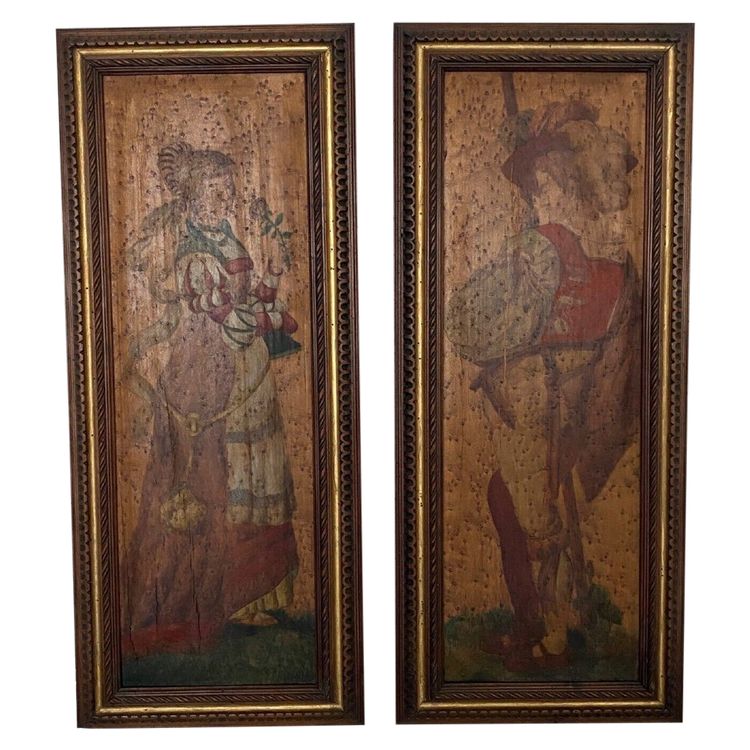 Pair of painted wood panels in the taste of the Haute Epoque, wood frame