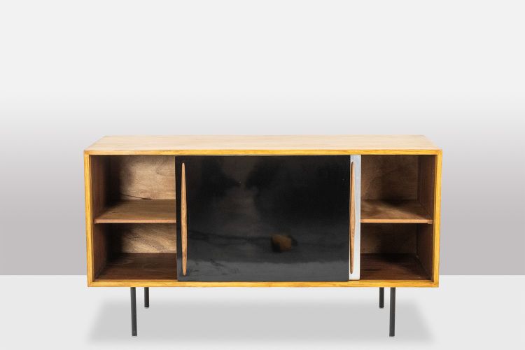 Ash low sideboard with sliding doors. 1960s. LS61591108C