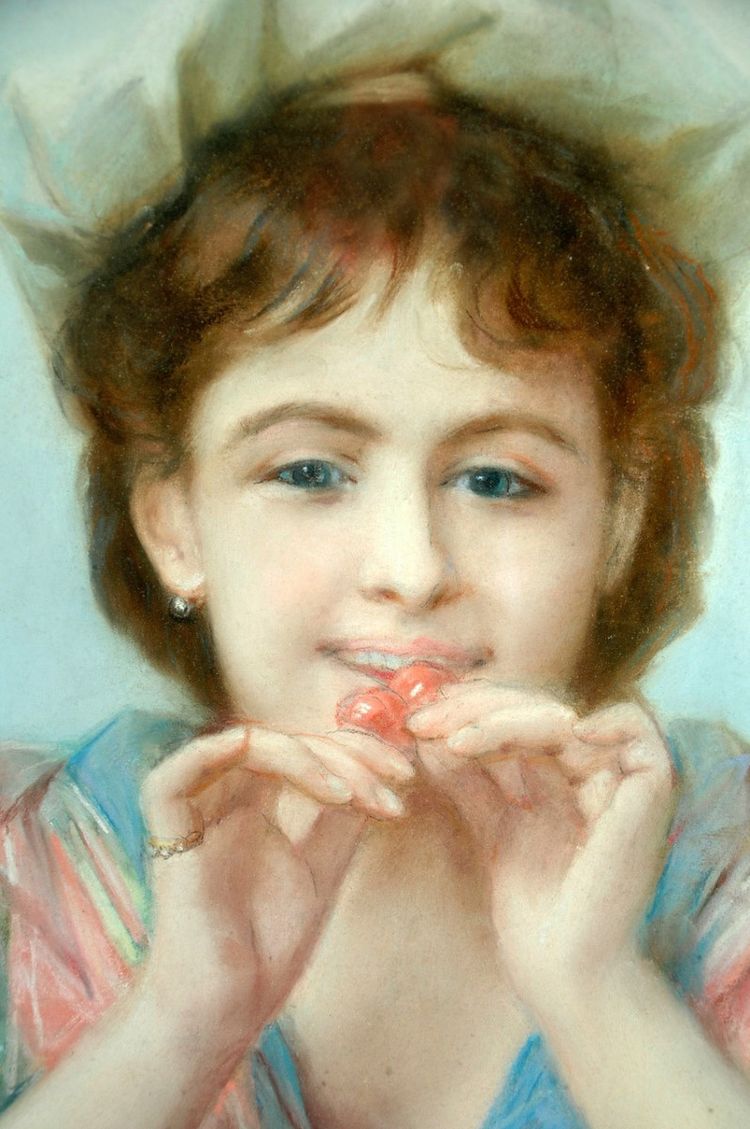 Pastell Junges Mädchen mit Kirschen Circa 1880