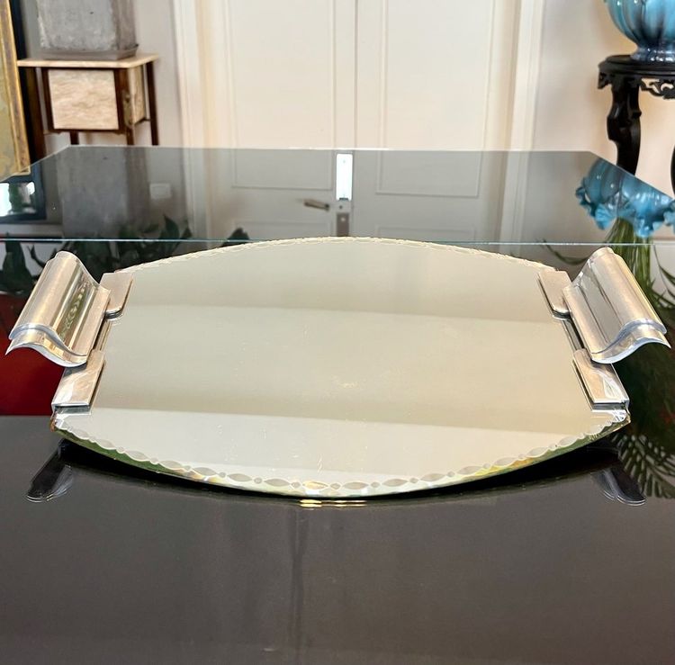 Art Deco Serving Tray With Mirror And Metal Handles - 20th century