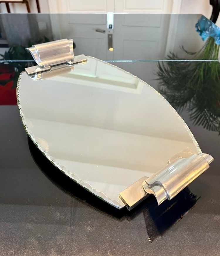 Art Deco Serving Tray With Mirror And Metal Handles - 20th century