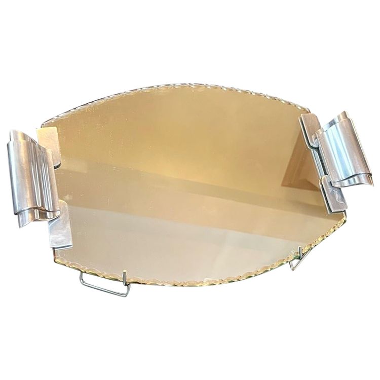 Art Deco Serving Tray With Mirror And Metal Handles - 20th century