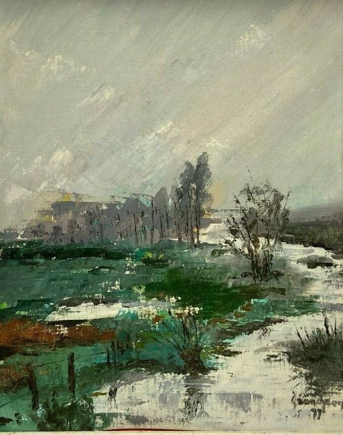 Oil on panel river landscape signed Grandjon 20th century