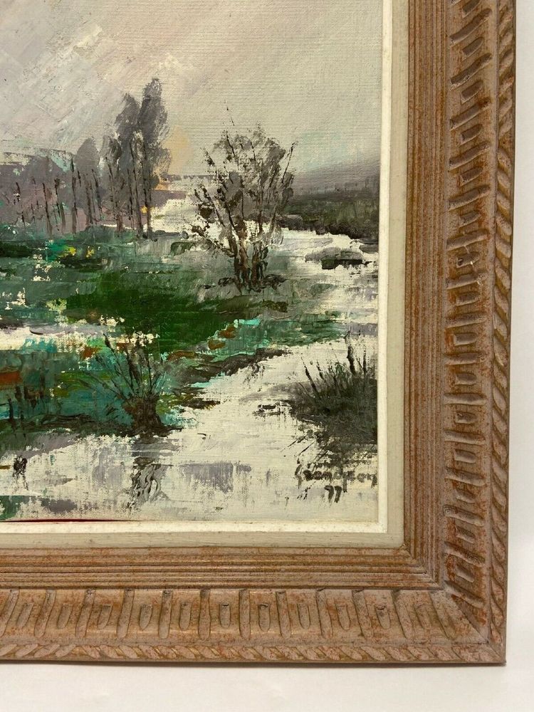 Oil on panel river landscape signed Grandjon 20th century