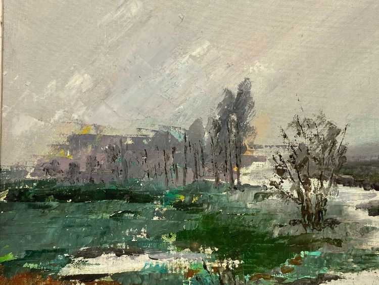 Oil on panel river landscape signed Grandjon 20th century