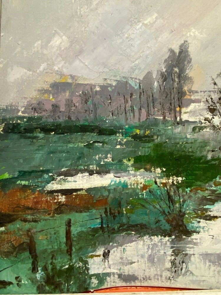 Oil on panel river landscape signed Grandjon 20th century