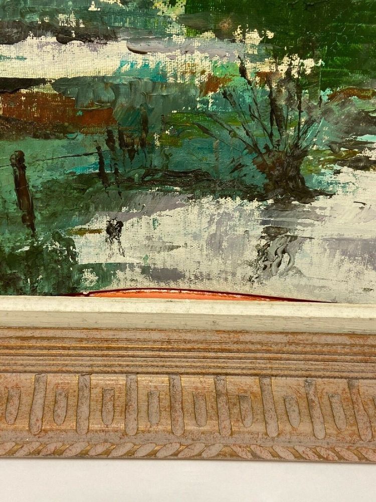 Oil on panel river landscape signed Grandjon 20th century