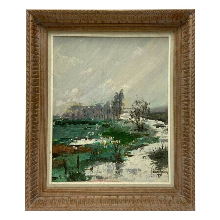 Oil on panel river landscape signed Grandjon 20th century
