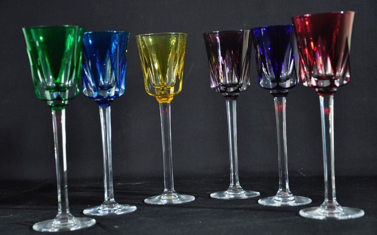 Six coloured crystal stemmed glasses signed Cristallerie de Sèvres Circa 1970/80