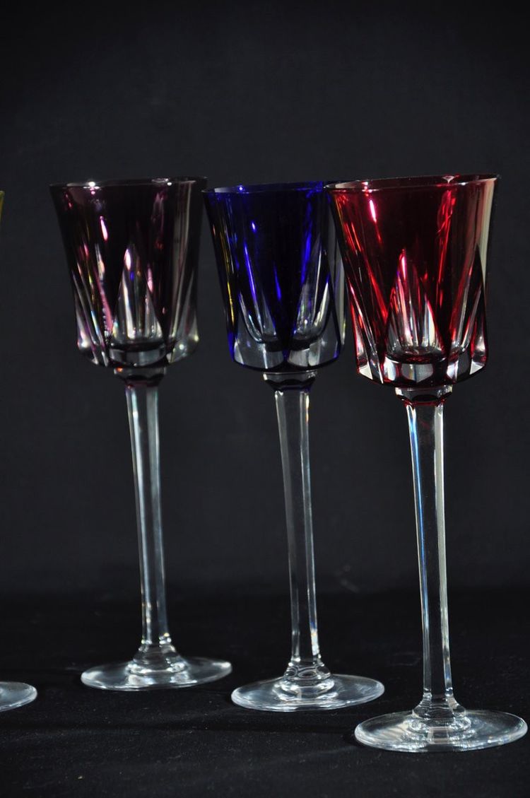 Six coloured crystal stemmed glasses signed Cristallerie de Sèvres Circa 1970/80