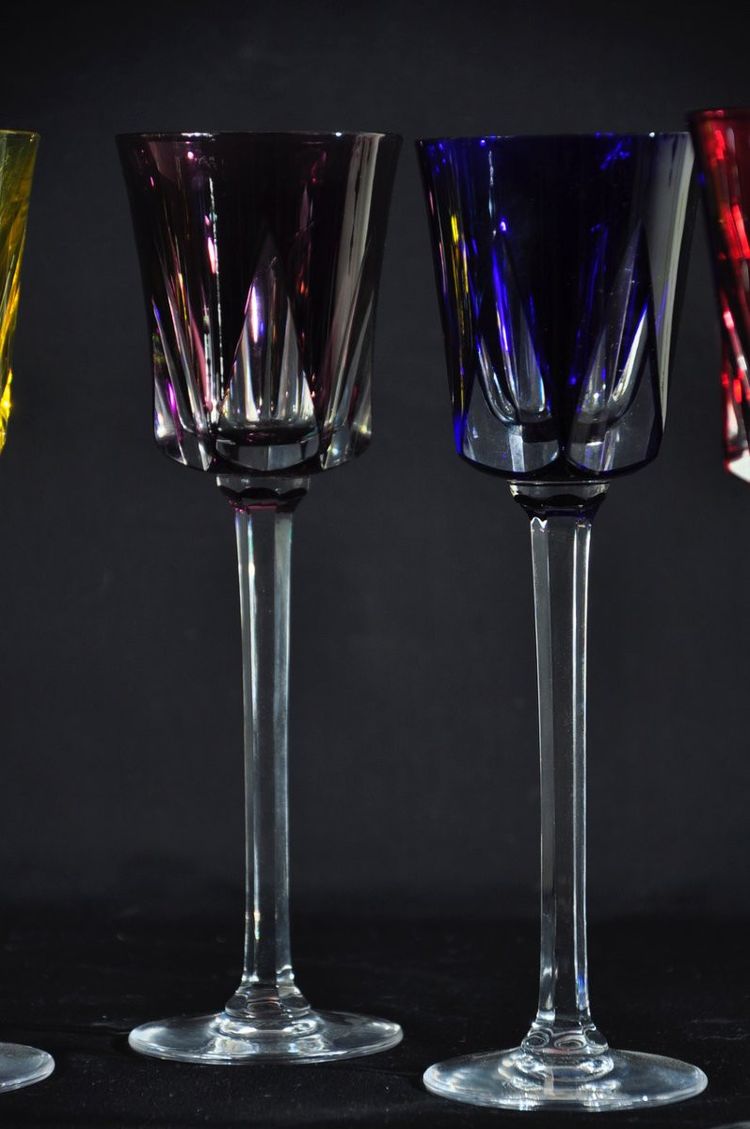 Six coloured crystal stemmed glasses signed Cristallerie de Sèvres Circa 1970/80