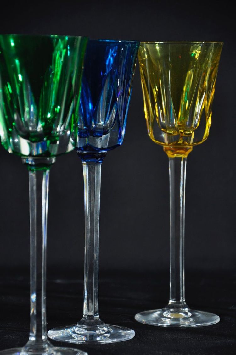 Six coloured crystal stemmed glasses signed Cristallerie de Sèvres Circa 1970/80