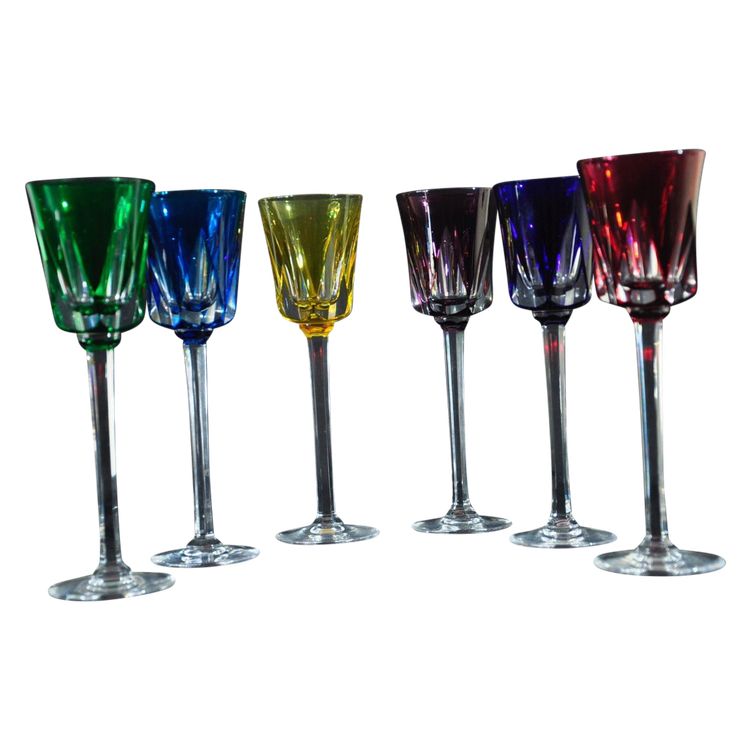 Six coloured crystal stemmed glasses signed Cristallerie de Sèvres Circa 1970/80